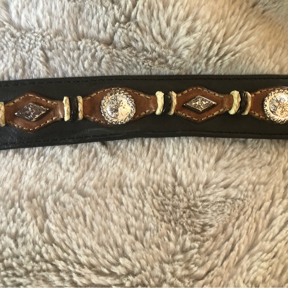 Decorative Black and Brown Leather Women’s Belt with Silver Conchos